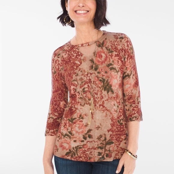 Chico’s rust brown floral sweater keyhole neck pullover sz 8/10 (Chico's 1) - Picture 1 of 12